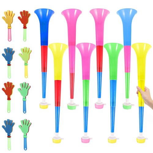 16PCS Collapsible Stadium Horn and Hand Clappers, 21IN Vuvuzela Plastic Horn Cheering Clappers for Sporting Events Graduation Games School Sports Party(Random Colors)