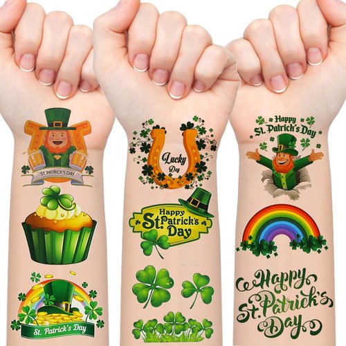 10 Sheets St. Patrick's Day Tattoos Stickers Temporary Tattoos for Kids, Green Shamrock Temporary Tattoos, Lucky Clover Tattoos for Adults, Irish Parade and Party Favors Accessories Decoration