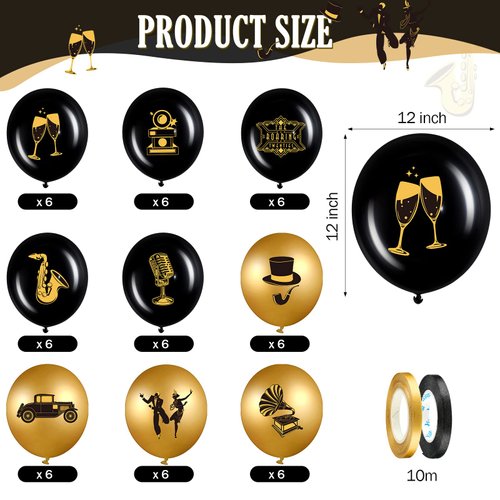45 Pieces Roaring 20s Party Balloons Decorations Black and Gold Party 20th Birthday Balloons Vintage 1920s Balloons for 20's Retro Jazz Music Party 1920's Themed Birthday Speakeasy Decoration Supplies