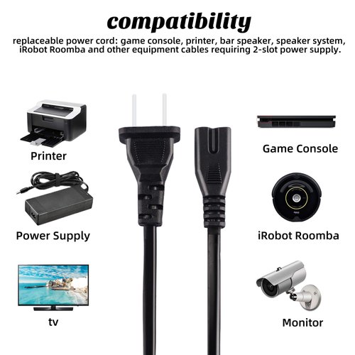 2 Prong AC Power Cord Cable Compatible with Xbox One S/Xbox One X/Xbox Series X/S Game Console, for Sony Playstation PS4 PS3 PS2 Slim/PSP/PSV Supply Plug Replacement (6.6ft)