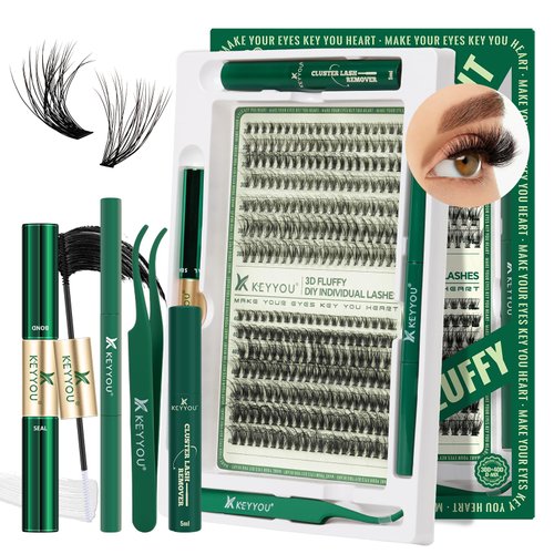 Lash Extension Kit 3D Effect KEYYOU Lash Clusters Kit 280pcs D Curl 8-16MIX Eyelash Extension Kit with Lash Bond and Seal,Tweezers,Remover and Brush for Fluffy(3D-30D&40D-D-8-16MIX)