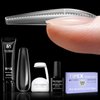 Five Angeles Tipex Gel Nail Tips Kit,Full Cover Long Coffin Pre-building Acrylic Nail Set Deep C Curve for Flat Nail,120pcs Clear Press On Nail Tips+Solid Nail Glue+Nail Lamp+Base Gel