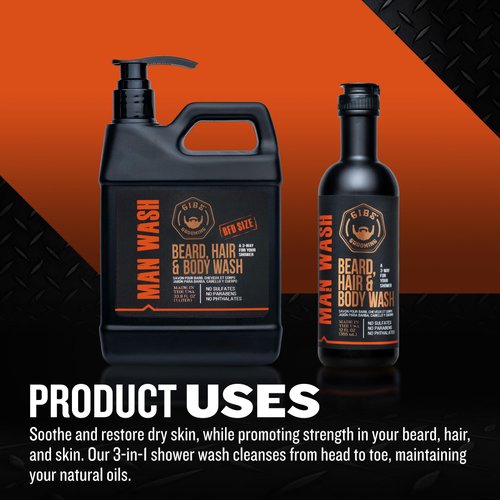 GIBS Grooming 3 in 1 Man Wash Body Wash for Men - Beard & Hair Moisturizing, & Cleansing Liquid Body Wash - Sulfate & Paraben Free - 3.25oz Travel Size