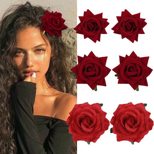 6Pcs Flower Hair Clips for Women, Artificial Rose Hair Clip Flamenco Dancer Flower Clips for Hair Mexican Hair Flowers Red Rose Flower Brooch Hairpin Hair Accessories for Wedding Party