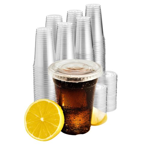 Clear Cups With Lids / 9 oz. Clear Plastic Cups with Lids / Clear Disposable Cups / Ice coffee cups & Bubble Boba Tea Cups / Cup with Lid for Cold Drinking & Smoothie Pack of 100