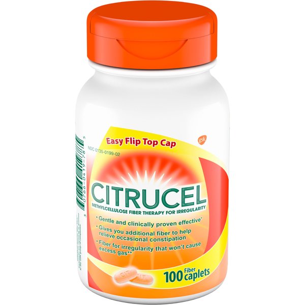 Citrucel Methylcellulose Fiber Caplets for Occasional Constipation Relief, Orange Flavor - 100 Count