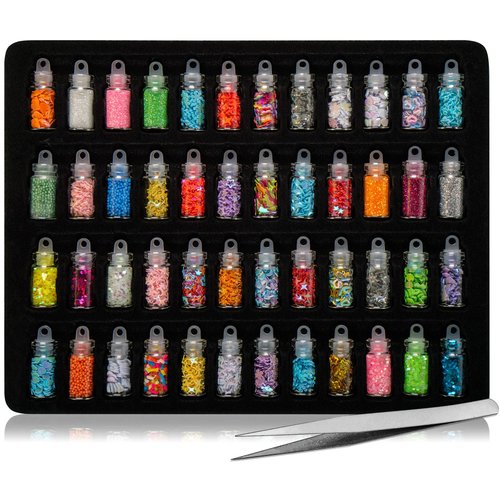 SHANY 3D Nail Art Decoration Mini Bottles - 48 Glass Bottles With Free Nail Art Tweezer