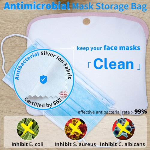 VOCUSONU Mouth Cover Storage Bags 9”x5.3”, (2 Pcs), Portable Mouth Cover Storage Case, Handmade Mouth Cover Pouch Keep Clean Container for Home, Travel, with 8 Holographic Ziplock Bags 7”x4.7” (Pink)