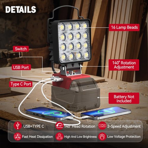 LED Work Light for Milwaukee m18 : Ecarke 48W 2900LM for Milwaukee Light m18 Work Light - USB Work Light 18V Battery Light with Low Voltage Protection & USB&Type-C Charging Port（Tool Only）