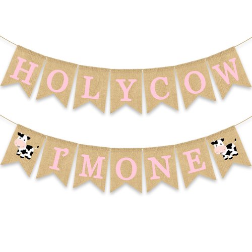 Gankbite Holy Cow I'm One Banner Farm 1st Birthday Party Decoration Barnyard Burlap Garlands Western Girl First Birthday Supplies Pink
