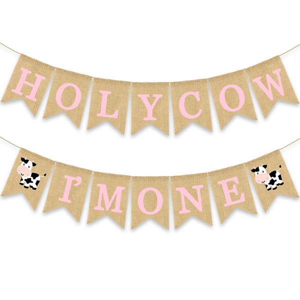 Gankbite Holy Cow I'm One Banner Farm 1st Birthday Party Decoration Barnyard Burlap Garlands Western Girl First Birthday Supplies Pink