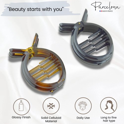 Parcelona French Round Inner Teeth Tortoise Shell and Black Cellulose Set of 2 Hair Clips for Women
