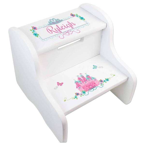 Personalized Pink Teal Princess Castle Toddler Childrens White Step Stool