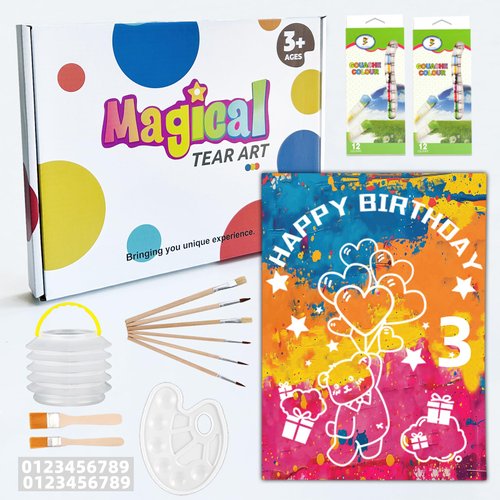 DIY Birthday Detachable Graffiti Board - Colorful Paint Set for Kids Party Atmosphere Decoration Painting Sweet Bear, 12 Colors Gouache Paint Kit & Palettes & Wash Pen Cup(Collocation Numbers)