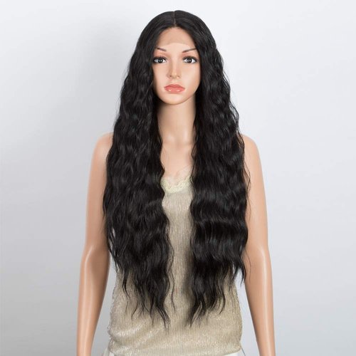 DÉBUT Lace Front Wigs 30 inches Water Wave Super Long Synthetic Wigs with Baby Hair Heat Resistant 240g 6 inches Lace Parting 150% Density (Natural Black)