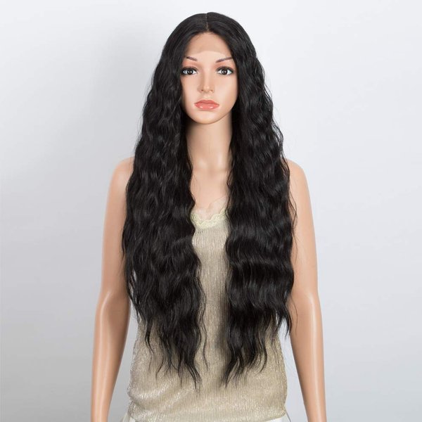 DÉBUT Lace Front Wigs 30 inches Water Wave Super Long Synthetic Wigs with Baby Hair Heat Resistant 240g 6 inches Lace Parting 150% Density (Natural Black)