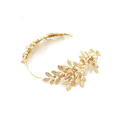 OUMOU The White Ribbon at the 2 Ends for Tying a Bow Hair Accessory Roman Goddess Leaf Branch Dainty Pearls Bridal Headpiece Head Dress Boho Alice Band with Crystal (Rose Gold, 16")