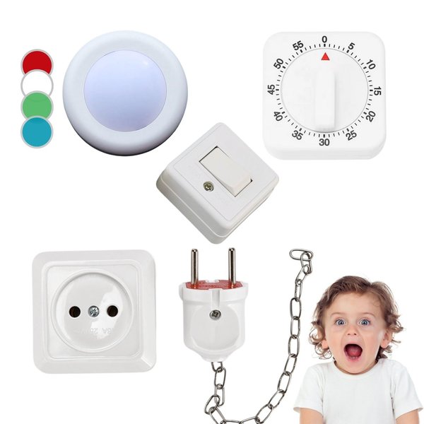 4 Pieses Busy Board DIY Accessories for Toddlers - Sensory Board Light Parts - Socket with Plug - Switch-LED Puck Light-Timer- Montessori l Toys- Early Development Items