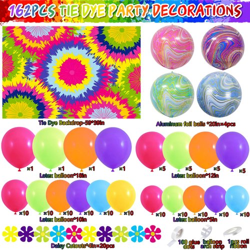 SNLN 162 Pcs Tie Dye Birthday Party Decorations Supplies for Kid Teen Adult Colorful Tie Dye Balloon Arch Kit Backdrop Flower Foil Balloon Rainbow Birthday Decorations Hippie Tie Dye Party Decorations