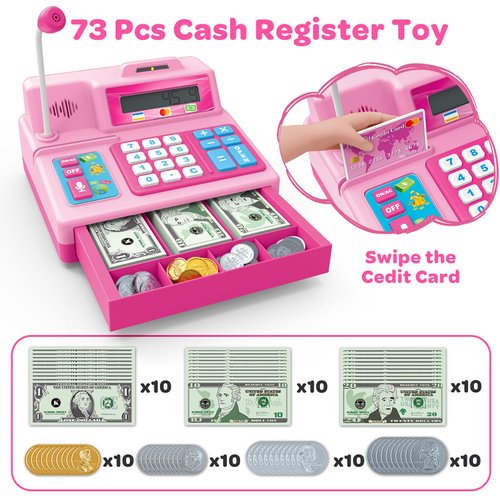 Pretend Play Calculator Cash Register Toy Gift for Kids Age 3, 4, 5, 6, 7, 8+ Year Old, 73 Pcs Grocery Store Playset with Microphone, Credit Card, Pink Play Cash Register for Toddlers Kids 4-8