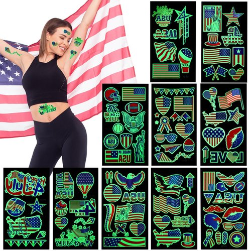 Zienlay 83PCS 4th of July Temporary Tattoos Glow in Dark, Luminous Patriotic Fourth Of July Tattoo, Party in the USA Decor American Flag Red White and Blue Independence Day Labor Day Tattoos Sticker