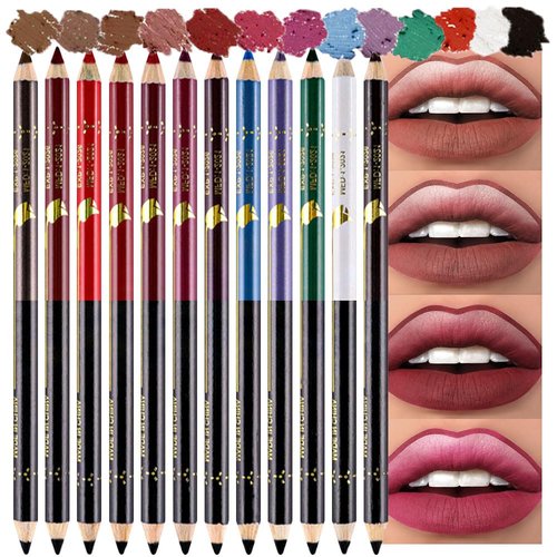 12 Pcs Double Head Rich Vibrant Colors Lip Liner Pencils Eye Liner Sticks Set with Sharpener for Daily Makeup,Easy to Apply & Remove,Waterproof (A)