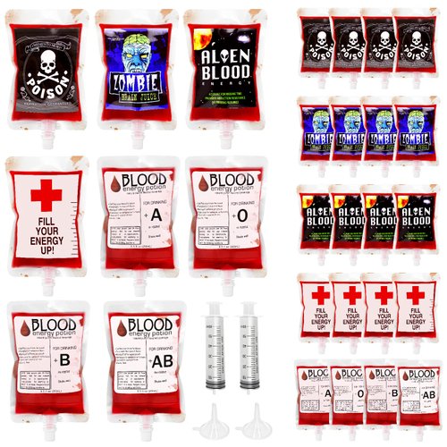 Hifunwu 24 Pack Halloween Blood Bags Party Supplies, Halloween Blood IV Bags for Halloween Party Favors Supplies