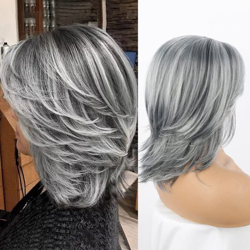 LEOSA Gray Ombre Wig Light Grey and Black Curly Bob Layered Wig with Curtain Bangs for Women Synthetic Short Silver Gray Wavy Bob Wig Highlight Grey Curly Bob Wig for Black Women Silver Grey Wig