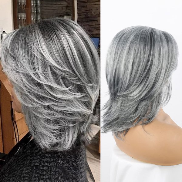LEOSA Gray Ombre Wig Light Grey and Black Curly Bob Layered Wig with Curtain Bangs for Women Synthetic Short Silver Gray Wavy Bob Wig Highlight Grey Curly Bob Wig for Black Women Silver Grey Wig