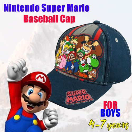 Nintendo Super Mario Family Baseball Cap for Boys 4-7 Years - Adjustable Snap Closure 100% Cotton. Navy