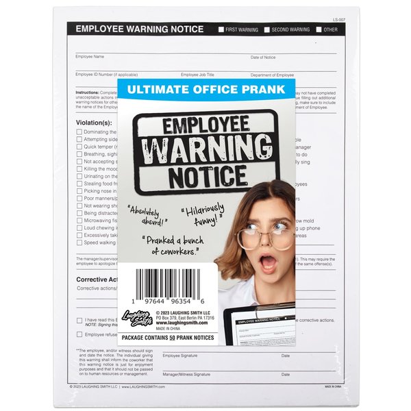 Laughing Smith Funny Office Pranks - Employee Warning Notice Prank (50 Sheets) - Gag Gifts for Coworkers - Fun Work Supplies & Stupid Desk Accessories Stuff for Adults Men Women Coworker Gift Items