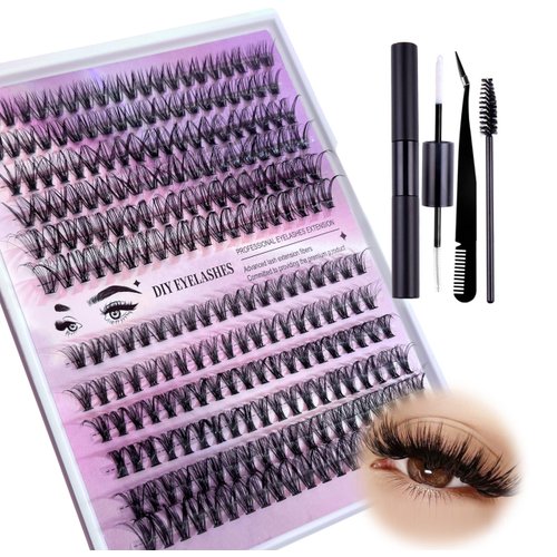 LUCMZQ Fluffy Lash EXtention Kit 240 Pcs Eyelash Cluster Kit Mixed 30D40D Curl Personal False Eyelashes with Lash Bond and Seal Lash Tweezers DIY Lash Extension at Home