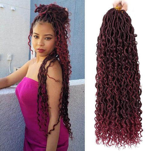 ZRQ 8 Packs Burgundy Goddess Locs Crochet Hair 24 Inch Ombre Boho Faux Locs, Pre Looped Hipple Locs Curly Soft Locs Red River Locs Hair Extensions Tbug#