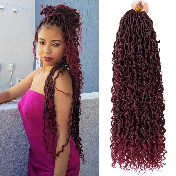 ZRQ 8 Packs Burgundy Goddess Locs Crochet Hair 24 Inch Ombre Boho Faux Locs, Pre Looped Hipple Locs Curly Soft Locs Red River Locs Hair Extensions Tbug#
