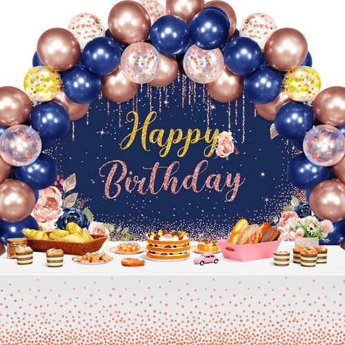 72 Pieces Birthday Decorations for Women Girls Included Backdrop Tablecloths Balloons Floral Garland Happy Birthday Party Supplies for Ladies Birthday Party Decor (Blue Pink)
