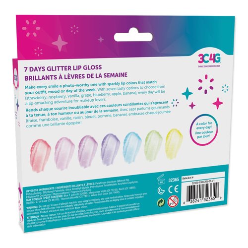 Make It Real 3C4G 7 Days Glitter Lip Gloss - Flavored Lip Gloss Set for Girls - Strawberry, Raspberry, Vanilla and More! - 7 Piece Lip Gloss Kit