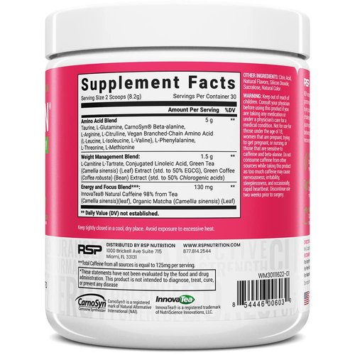 RSP Nutrition AminoLean Pre Workout Powder, Amino Energy & Weight Management with BCAA Amino Acids & Natural Caffeine, Preworkout Boost for Men & Women, 30 Serv