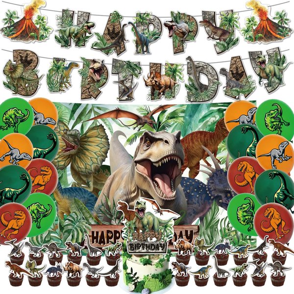 Gadeja 43Pcs Dinosaur Birthday Party Decoration, Dinosaur Birthday Party Supplies, Includes Balloons, Happy Birthday Banner, Cake Topper, Background, For Boy/Girl Birthday Decoration