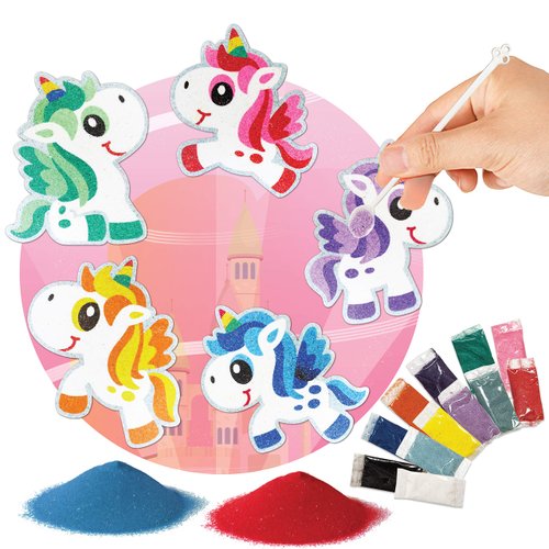 VHALE Peel and Stick Magnetic Sand Art Board, 5 MDF Sand Art Sets with Non Scratch Magnets, Peel, Sprinkle and Stick Designs, 12 Sand Colors, Fridge Decor, Kids Party Favors (Unicorn)