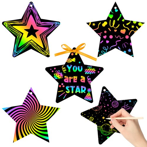 WATINC 60pcs Star Scratch Cards for Magic Color Craft Kit DIY Paper Art Scratch Star Ornament for Kids School Classroom Party Favor Supplies Decorations