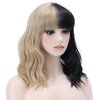 PATTNIUM Black and Blonde Wig Two Color Wig Short Curly Black Blonde Wig With Bangs Split Wig for Women Heat Resistant Synthetic Hair Cosplay Party Wig (Half Blonde Half Black)