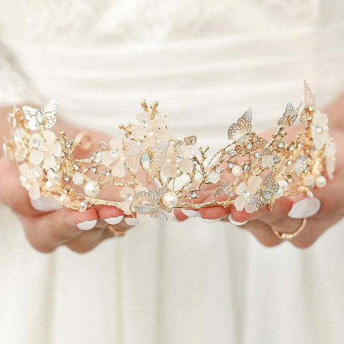 Yovic Baroque Gold Wedding Crown Butterfly Bridal Crowns and Tiaras Rhinestone Flower Bride Crown Prom Costume Party Hair Accessories for Women and Girls(D)