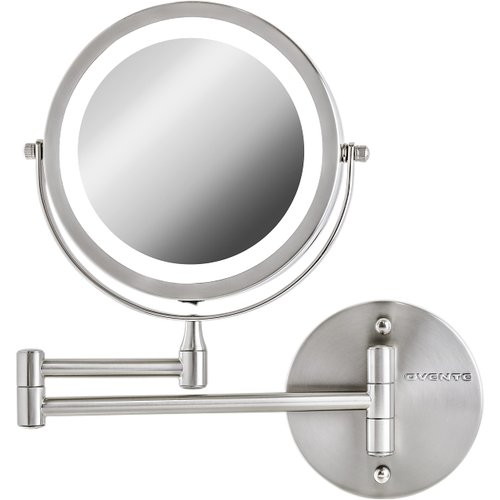 OVENTE 7" Lighted Wall Mount Makeup Mirror - 1X/ 10X Magnification, Battery Powered Glow Cosmetic Light up, Spinning 360-Degree, Double Sided LED, Extendable, Folding Arm, Nickel Brushed MFW70BR1X10X