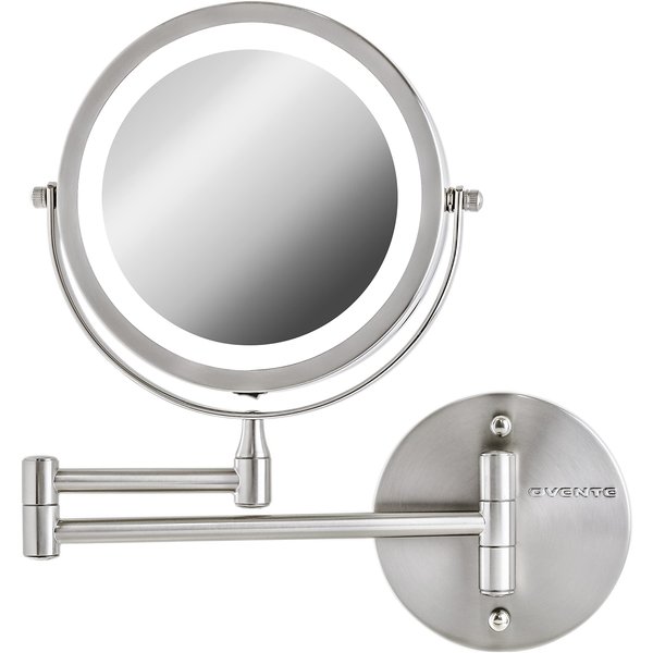 OVENTE 7" Lighted Wall Mount Makeup Mirror - 1X/ 10X Magnification, Battery Powered Glow Cosmetic Light up, Spinning 360-Degree, Double Sided LED, Extendable, Folding Arm, Nickel Brushed MFW70BR1X10X