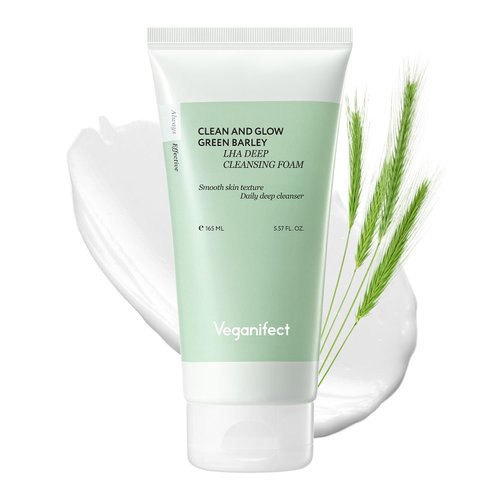 VEGANIFECT Clean and Glow Green Barley LHA Deep Cleansing Foam, Vegan Certified, Low pH, For Acne-Prone and Sensitive Skin, 5.57 Fl Oz