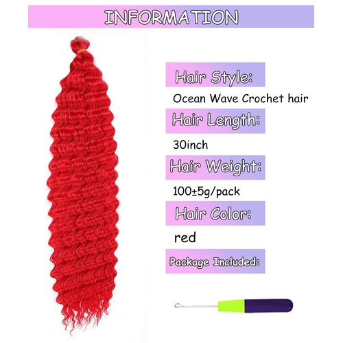Cypsin Red Curly Crochet Hair 30Inch 2 Packs Deep Wave Crochet Hair with Crochet Hook, Long Ocean Wave Braiding Hair for Women, Synthetic Hair Curly Braiding Hair Extensions