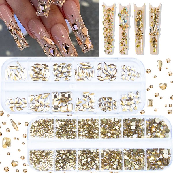 2120 Pcs Champagne Gold Crystal Nail Rhinestones Round Beads Flatback Glass Gems Stones Multi Shapes Sizes Gold Rhinestones Nail Crystals for Nail DIY Crafts Clothes Shoes Jewelry