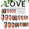 Black Press on Nails Short Square Fake Nails French Tip False Nails with Butterfly Design Glue on Nails Full Cover Acrylic Artificial Nails Rhinestone Glossy Stick on Nails for Women Nails Decorations