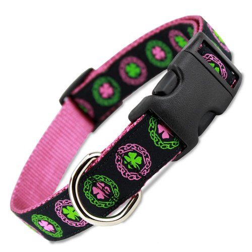 Irish Dog Collar with Celtic Knots on Pink Nylon, Small Dogs 11-22lbs (Collar: 5/8" Wide, 8" - 13" Long)