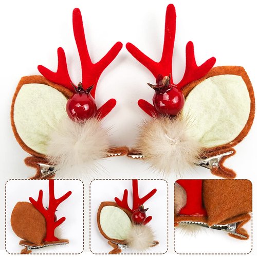 Christmas Hair Clips Cute Reindeer Antlers Xmas Hair Pins Deer Horns Ears Hairclips Christmas Beauty Headdresses Headband Elk Antler Barrettes Hair Hoop for Women Girls Kids Adults Party Favors(red)